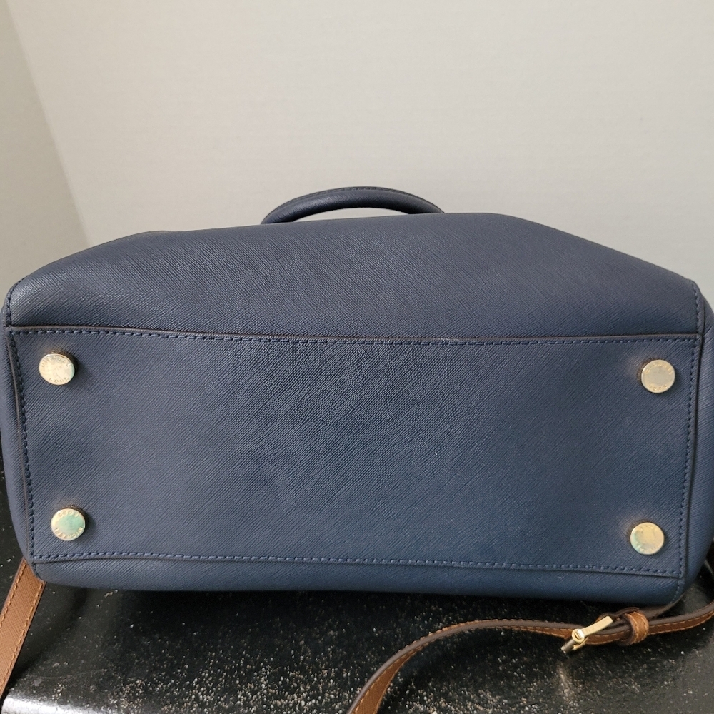 Michael Kors Navy Blue Ciara Satchel Bag With Brown Crossbody Strap - Picture 12 of 15